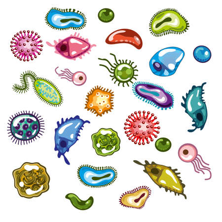 Cartoon Bacterias under the microscope. Microbes and viruses. Pathogen microorganism Germs, bacteria and disease viruses mascots vector illustration for teaching children.のイラスト素材