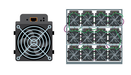 ASIC bitcoin miner and ASIC mining farm. Bitcoin mining. Cryptocurrency mining equipment and hardware flat vector illustration isolated on white.のイラスト素材