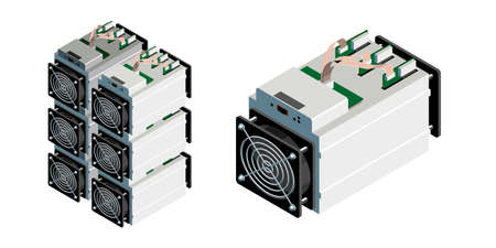 ASIC bitcoin miner and ASIC mining farm. Bitcoin miningのイラスト素材