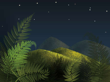 Forest fern with night summer landscape. Night before midsummer illustration.のイラスト素材