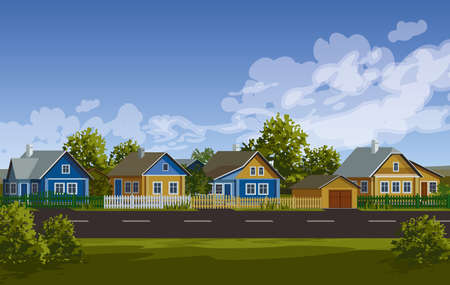 Russian village summer landscape. Russian village houses in traditional style. Garden with fence near road vector illustration. Village street. Old huts. Farm houses.のイラスト素材