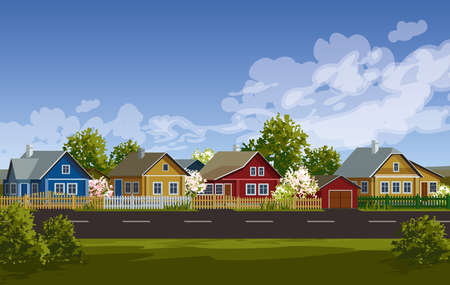 Russian village spring landscape. Russian village houses in traditional style. Blooming garden with fence. Wooden houses near road vector illustration. Village street. Old huts. Farm houses.のイラスト素材