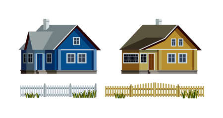 Russian village houses isolated on white. Yellow and blue wooden village houses in traditional style with fence set.のイラスト素材