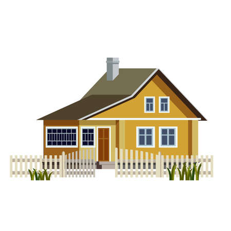 Russian village house in traditional style isolated on white vector illustration. Wooden village house with fence.のイラスト素材