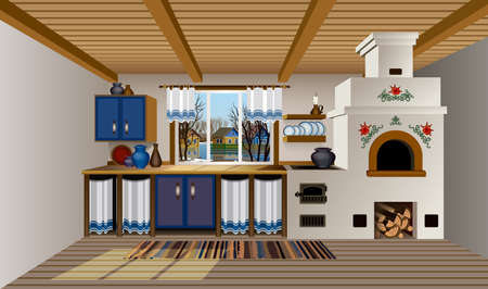 Russian village Interior with Russian stove. Traditional farmhouse kitchen with window vector illustration.のイラスト素材