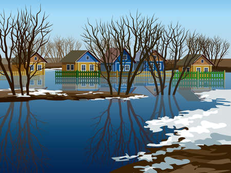 Flooded village. Spring rising river levels in village vector illustration. High water in Russian village. Flooded houses. Huts in water. Old huts. Farmhouses. Spring landscape.のイラスト素材