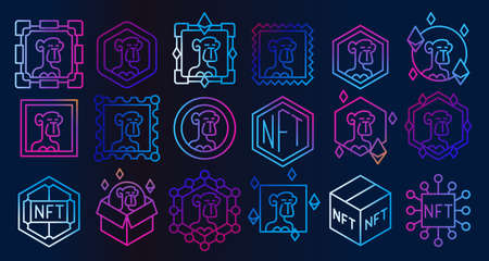 NFT Gallery line icon set. Bright Neon icons of non fungible token. Apes NFT pictogram collection.のイラスト素材