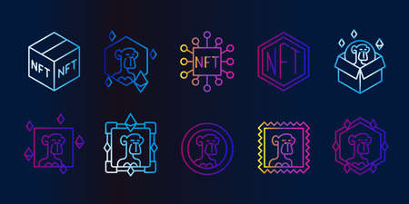 NFT Gallery line icon set. Bright Neon icons of non fungible token. Apes NFT pictogram collection.のイラスト素材