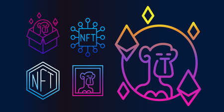 NFT Gallery line icon set. Bright Neon icons of non fungible token. Apes NFT pictogram collection.のイラスト素材
