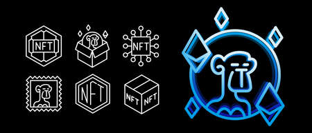 NFT Gallery line icon set. Bright Neon icons of non fungible token. Apes NFT pictogram collection.のイラスト素材
