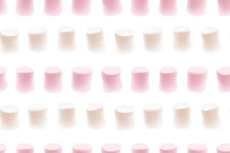 Marshmallow seamless texture. Tasty white and pink marshmallows isolated on white background. Marshmallow candy seamless background. Vector illustration.のイラスト素材