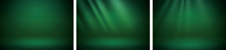 Green studio scene background set. Neutral deep green background with soft rays. Soft studio lighting. Photostudio soft box lighting.の写真素材