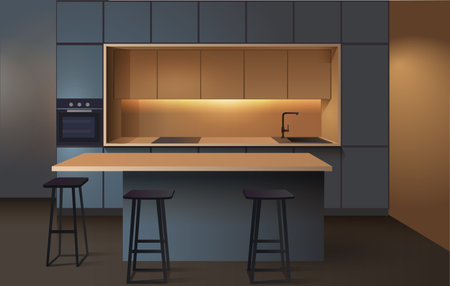 Modern Kitchen interior with island front view realistic vector illustration. Minimalist wide grey kitchen. Luxury apartment interior with bar counter.のイラスト素材