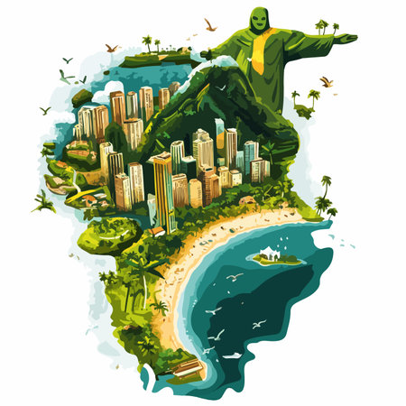 Isometric island with the statue of Jesus Christ. Vector illustration.のイラスト素材
