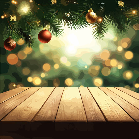 Christmas background with wooden table and christmas tree. Vector illustration.のイラスト素材