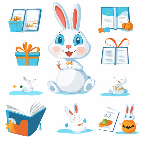 Set of cute cartoon bunnies and books. Vector illustration.のイラスト素材