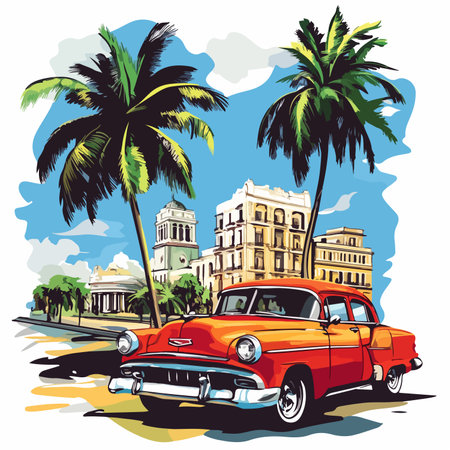 Vintage car on the background of palm trees. Vector illustration.のイラスト素材