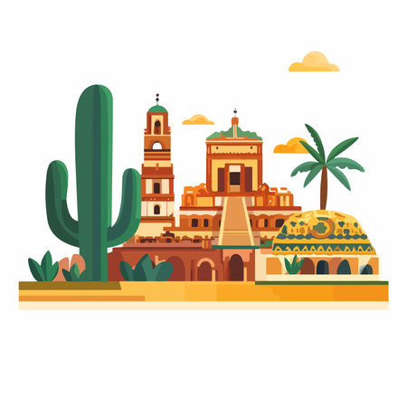 Arabic city with mosque and cacti. Vector illustration in flat styleのイラスト素材