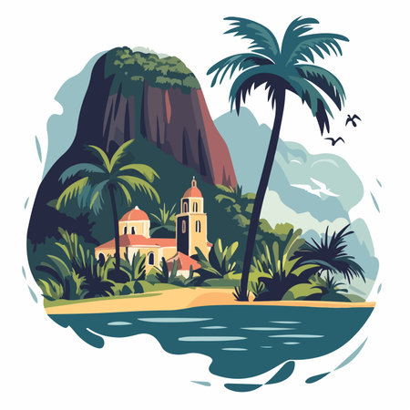 Tropical island with palm trees and church, vector illustration.のイラスト素材