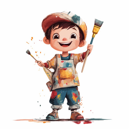 Cute little boy with paintbrushes. Vector watercolor illustrationの写真素材