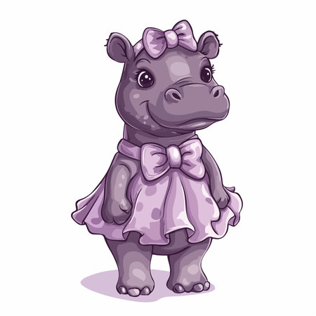 Cute cartoon hippo in a purple dress. Vector illustration.の写真素材