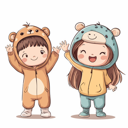 Vector illustration of Cute little girl and boy in warm winter clothesの写真素材