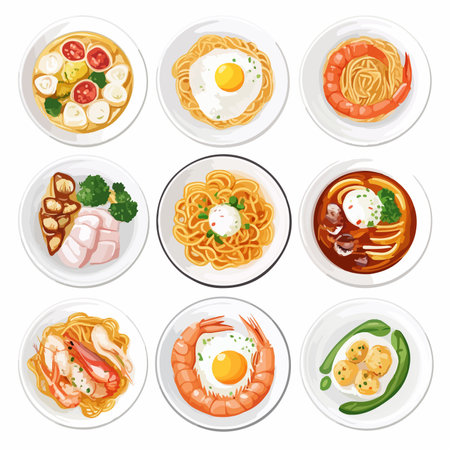 Set of Asian food icons. Noodles, noodles, shrimps, fried egg, shrimp, squid and vegetables.の写真素材