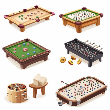 Set of isometric billiard balls, table, rackets, cue, table and chair.の写真素材