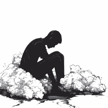 Man sitting on the edge of a puddle with clouds of smokeの写真素材