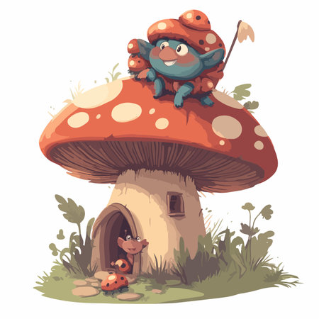 Funny cartoon gnome in mushroom house. Vector illustration isolated on white background.の写真素材