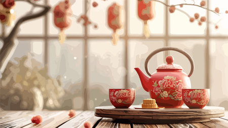 Chinese tea ceremony with teapot and cup of chinese teaのイラスト素材