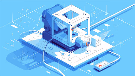 Isometric 3D illustration of 3d printing machine on blue backgroundのイラスト素材