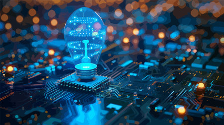 Circuit board with glowing light bulb. Technology background. 3d rendering