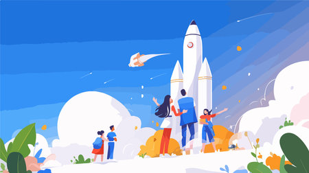 Vector illustration of people standing on the background of the rocket. Flat style design.のイラスト素材