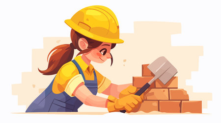 Female worker in helmet and overalls building brick wall cartoon vector illustrationのイラスト素材