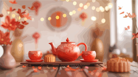 Illustration of tea set on wooden table with cupcake and teapotのイラスト素材