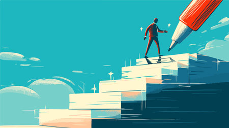 Businessman standing on top of the stairs to success. Concept business vector illustration.のイラスト素材