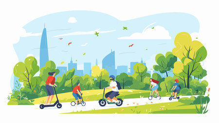 People riding electric scooters in the city park. Flat vector illustration.のイラスト素材
