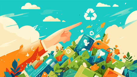 Vector illustration of human hand throwing garbage in the trash. Environmental pollution concept.のイラスト素材