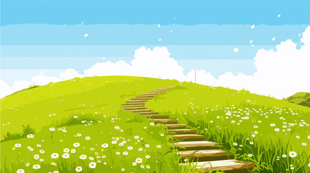 Wooden path on the meadow with flowers. Vector illustration.のイラスト素材