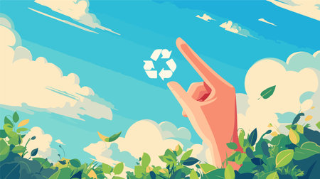 Vector illustration of human hand pointing at recycling symbol on nature background.のイラスト素材
