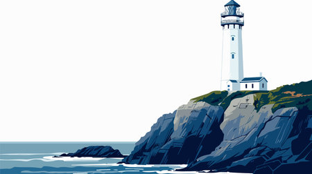 Lighthouse on the rock in the sea, vector illustration, horizontalのイラスト素材