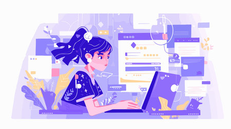 Online education concept vector illustration. Cartoon flat graphic design of student girl studying at home with laptop, webinar, online course, video conference, webinar.のイラスト素材