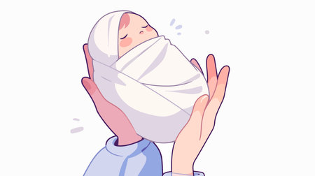 Illustration of a newborn in the hands of a doctor, vector illustrationのイラスト素材