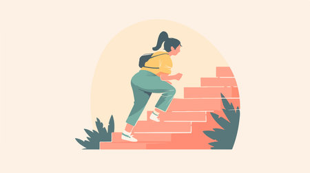 Young woman climbing up the stairs. Vector illustration in a flat styleのイラスト素材