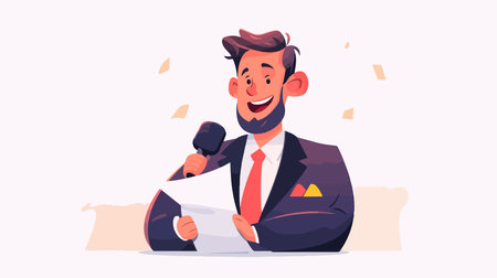 Journalist. Man in a suit with a microphone. Vector illustrationのイラスト素材