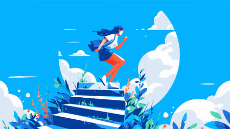 Businesswoman running up the stairs to success. Vector illustration in flat styleのイラスト素材