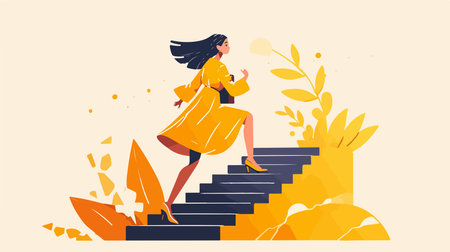 Beautiful girl in a yellow dress walks up the stairs. Vector illustrationのイラスト素材