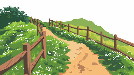 Wooden fence on a path in the countryside. Vector illustration.のイラスト素材