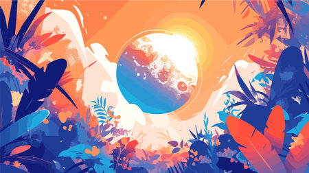 Summer background with tropical plants and sun. Colorful vector illustration.のイラスト素材